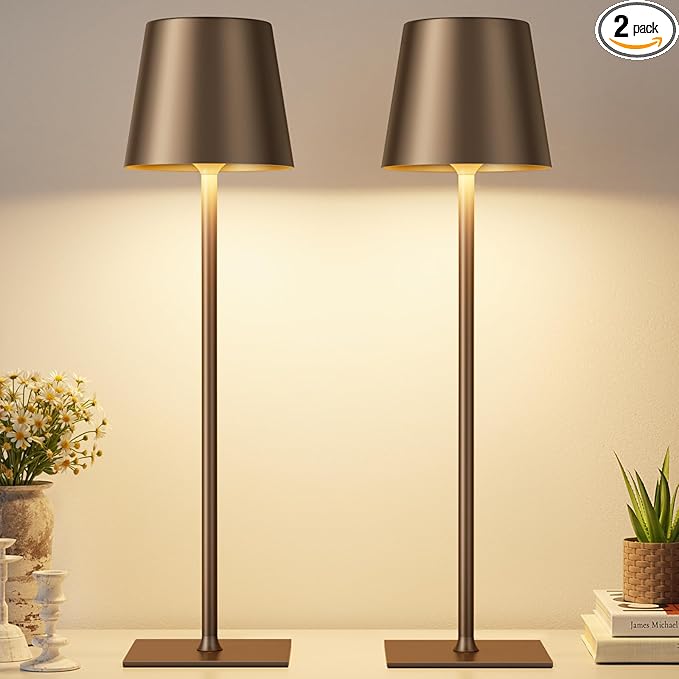 Brown Cordless Rechargeable Table Lamp, 2 Pack Portable Desk Lamp with 5000mAh Battery, Touch Control Stepless Dimming, Wireless Night Light for Dining, Outdoor Camping, Coffee Shop, Waterproof Design