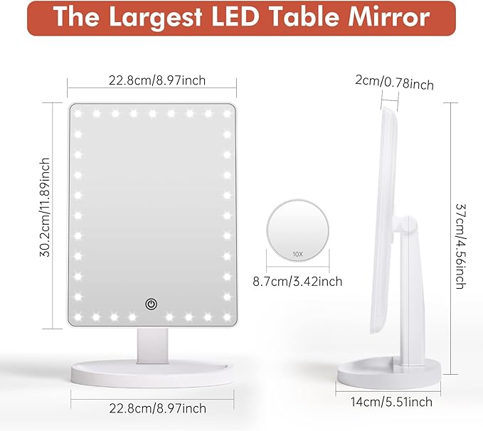 FUNTOUCH Large Lighted Makeup Mirror with Lights, Light Up Mirror with Small 10x Magnification for Desk, 360°Rotation Touch Screen,Brightness Adjustable Tabletop Cosmetic Vanity Make Up Mirror