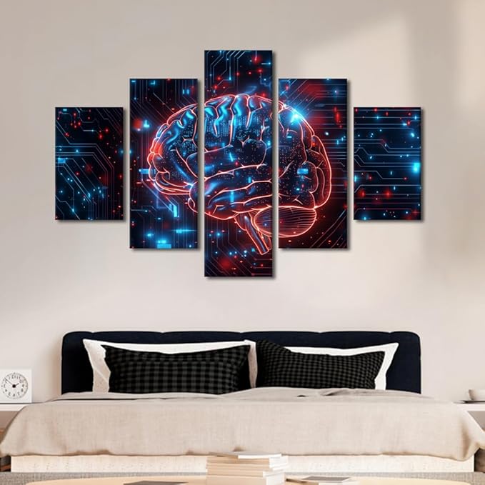 5 Panel Canvas Wall Art for Living Room Artwork Home decor Artificial Intelligence Technology Wall Pictures for Bedroom Digital Brain Posters and Prints Modern Painting House Decorations 60"Wx40"H