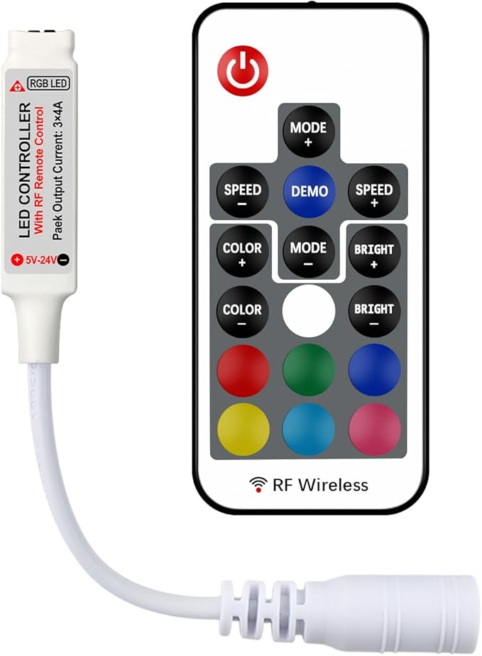 RGBZONE RF Wireless Remote LED Controller, DC 5V/12V/24V for 5050 3528 5630 LED Strip Lights, Mini 4-Pin RF LED Controller