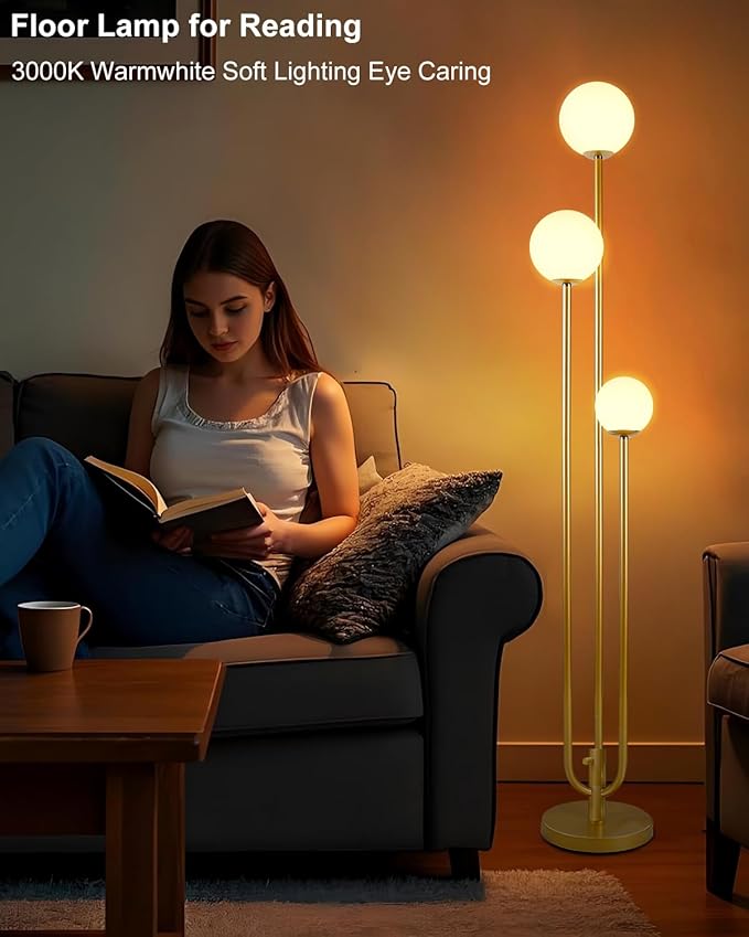Lightdot 63IN Gold Floor Lamp Dimmable 3-Lights Globe LED Floor Lamps with 3000K Soft Warm White for Wedding/Party Candle Holder Style Tall Lamp for Living Room/Bedroom/Sofa Beside/Corner Decor