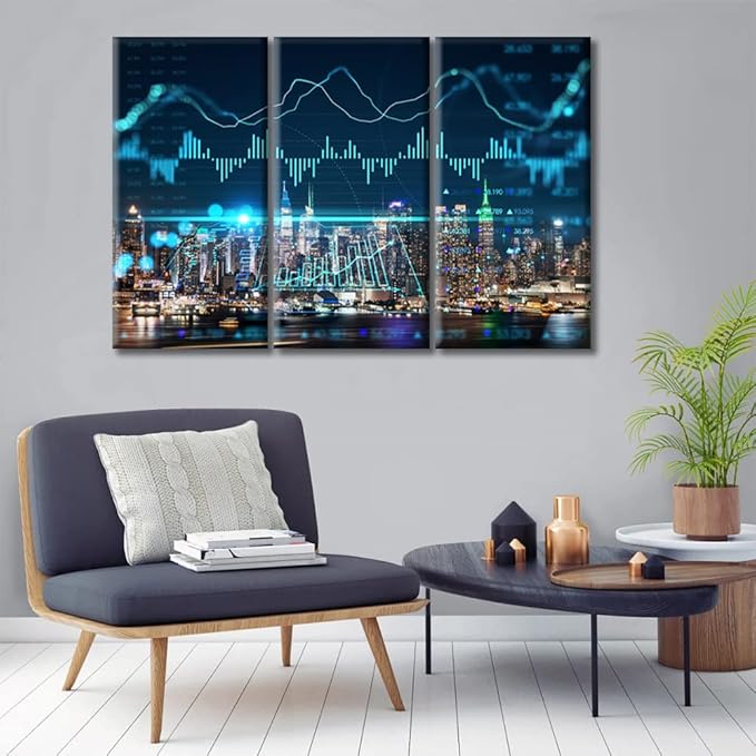New York Forex Graph Hologram Home Decor Art Prints Living Room Wall Decor 3 Panel Concept of Internet Trading Brokerage Artwork Modern Home Decor Print on Canvas Framed Ready to Hang (36"Wx24"H)