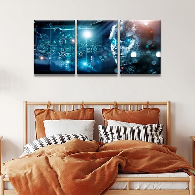 Framed Wall Art Modern Canvas Wall Art 3 Panels Machine Learning, Data Exchange, Industry 4.0 Posters Pictures Print on Canvas for Living Room Bedroom Wall Decoration, 12x16inchx3