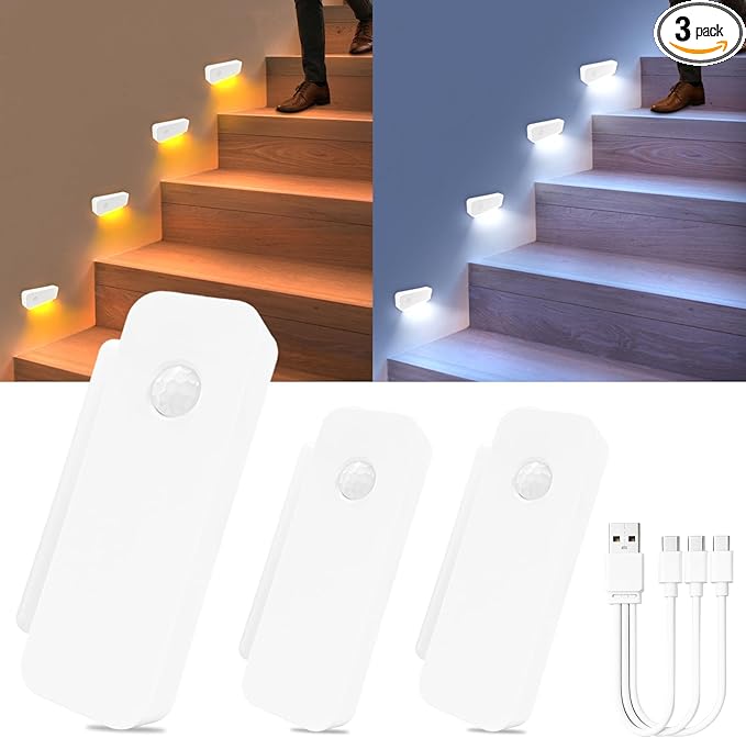 ROOKIELEDS Smart Sync Motion Sensor Night Light, Rechargeable Stair Lights with Multi-Light Linkage, Portable Nightlight for Stairs, Hallways, Garages, Bedrooms(3)