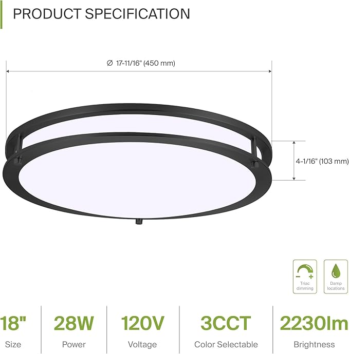 ASD LED 18" Round Flush Mount Lighting, Close to Ceiling Light Fixture | 3CCT, Dimmable, Energy Star, ETL Listed | 28W 2230LM 3000-5000K 120V | Low Profile Double Ring Lamp | Dark Bronze, 4 Pack