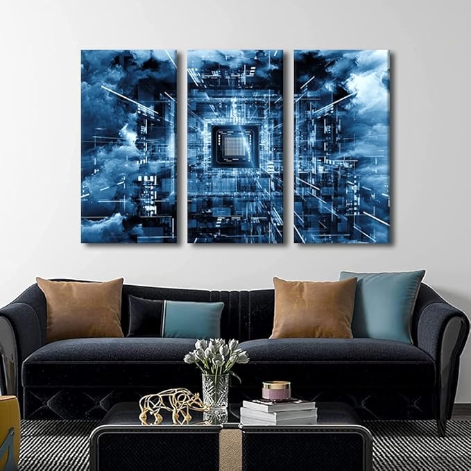 Black and White Wall Art CPU Concept Posters Prints Artwork Computer Chip Canvas Art Contemporary Rustic Wall Decor Stretched Canvas Picture for Living Room Bedroom Ready to Hang(28" Wx42 H)