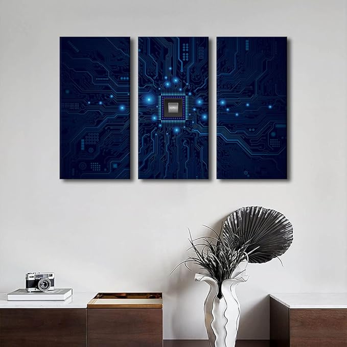 Digital Age Wall Art for Living Room Electronic PC Office Wall Decor 3 Piece Canvas Prints Technology Digital Art Modern Artwork House Decoration for Bedroom Bathroom Framed Ready to Hang(24"Wx36"H)