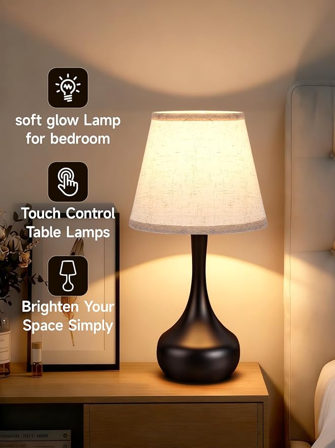 Touch Table Lamp for Bedroom Set of 2, Farmhouse 3-Way Dimmable Table Lamps for Nightstand with Fabric Shade, Lamps for Living Room，Desk Lamps for Home Office, Black Lamp for Bedroom