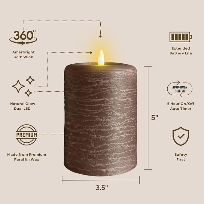 LumiPur Signature Natural Glow Flickering Flameless LED Wax Pillar Candle (3.5" x 5", Cocoa Brown)