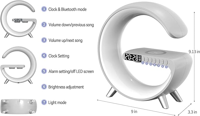 Smart LED Table Lamp,4 in 1 Night Light,Wireless Charger,Alarm Clock and Bluetooth Speaker with App Control Color Changing Atmosphere Table Lamp for Bedroom, Office, Home Decor