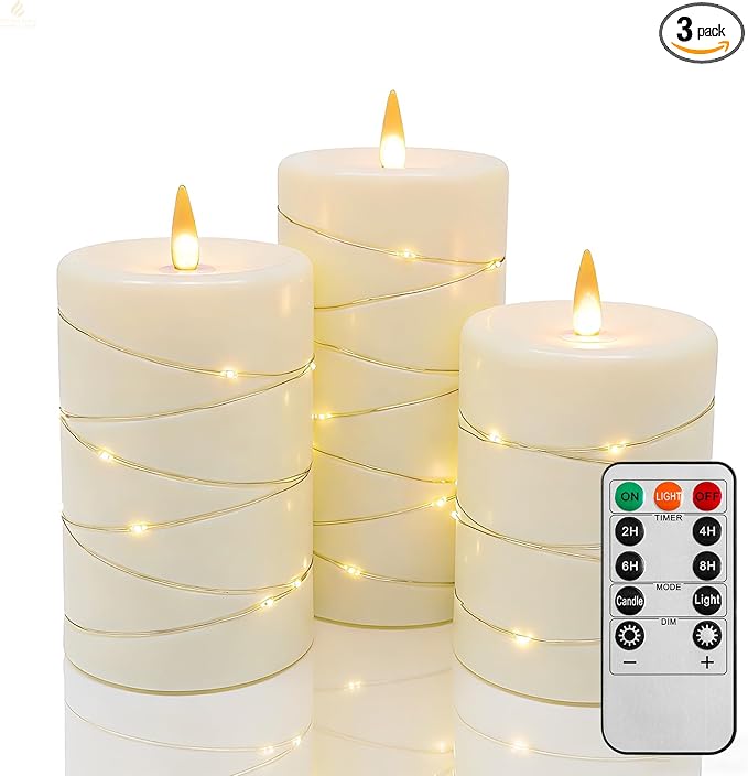 Flickering flameless Candles, Battery-Powered, with String Lights, Remote Control, Timer, Realistic Plastic Pillar Candles, Ivory White, Set of 3, Durable.