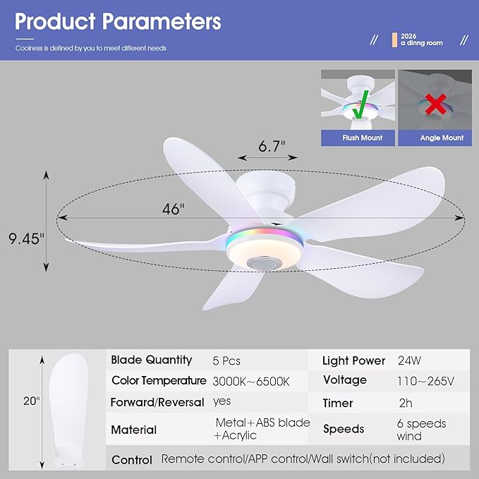 46" Ceiling Fans with RGB Lights Remote/APP Control, Flush Mount, 3 CCT Dimmable White Lights+RGB Ring Lights+Music Player, 5 Reversible Plastic Blades 6 Speeds for Party Bar, White