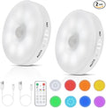 RGB LED Rechargeable Motion Sensor Light Indoor with Remote, Long-Lasting Battery, Bright & Dimmable, Stick-On Puck Night Light for Closet, Cabinet, Kitchen, Stairs, Shelves - Cool & RGB 2Pack