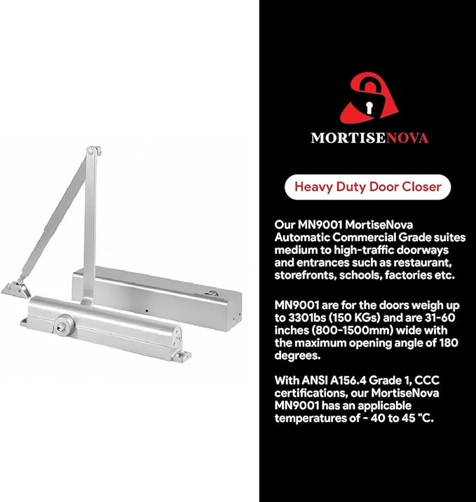 Commercial Door Closer Grade 1 Hydraulic Extra Heavy Duty Self-Closing Adjustable Size 1–6 ADA Compliant ANSI/BHMA Certified UL Fire-Rated (MN9001 - Heavy Duty Door Closer)