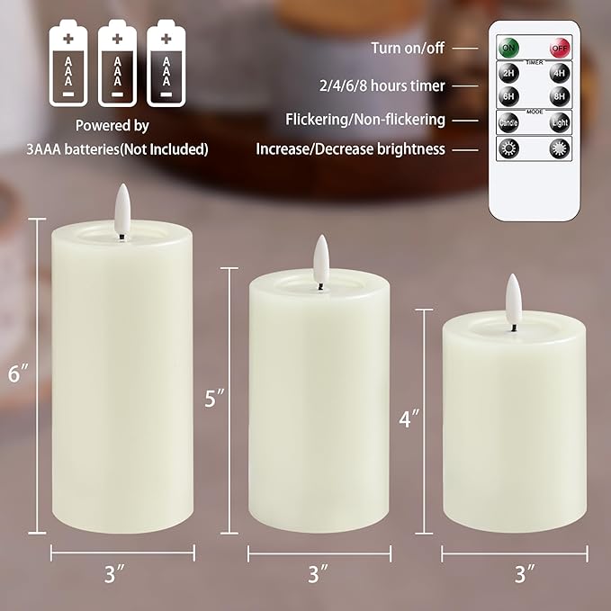 Remote Flameless Flickering Pillar Candles with Candle Grease Effect,Pack of 3 Ivory LED Battery Oprated 2/4/6/8 Hours Timer Real Wax Electric Candles(3x4,5,6 Inches)