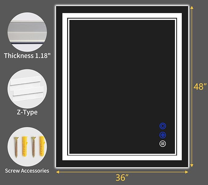 48"x36" LED Bathroom Mirror with Anti-Fog, Stepless Dimmable Lights, 3 Color Modes, Shatter-Proof Tempered Glass,Waterproof Design