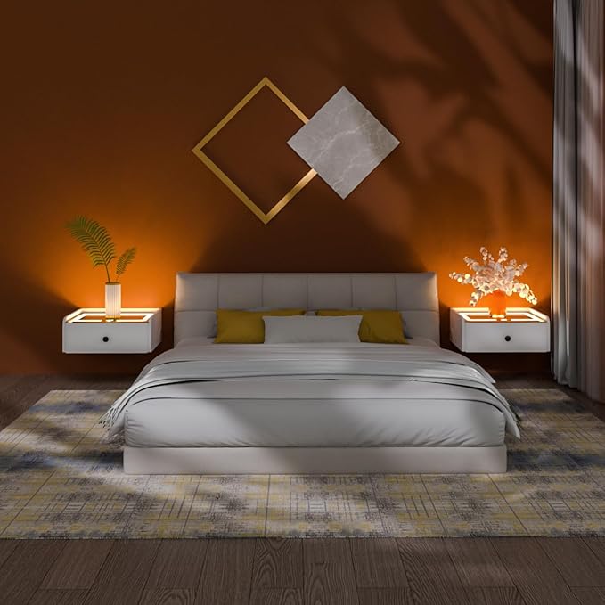 HOMEMORE Floating Nightstand with Charging Station Bedside Table LED Smart Bedside Table Wall Mounted Nightstand White