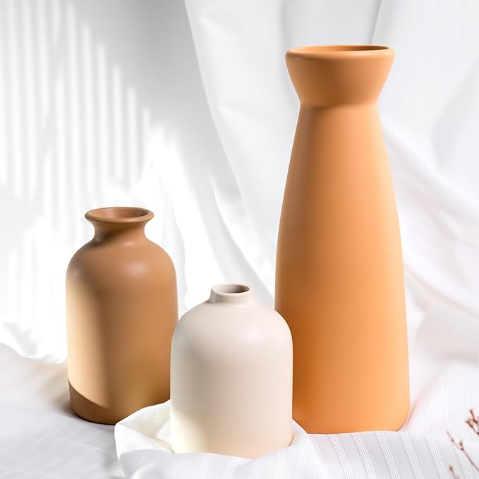 Ceramic Small Vase Set of 3,Modern Boho Farmhouse Home Decor,Pampas Grass Vase,Minimalist Decor,for Entryway Table,Bookshelf,Living Room, Bedroom,Kitchen,Coffee Table Decoration