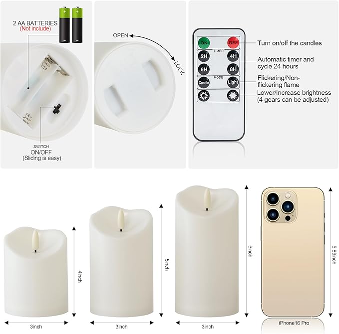 Raycare Outdoor Waterproof Flameless Candles with Remote and Timer, Battery Operated LED Electric Fake Pillar Candle for Christmas Home Wedding Decor, Ivory White, Set of 3