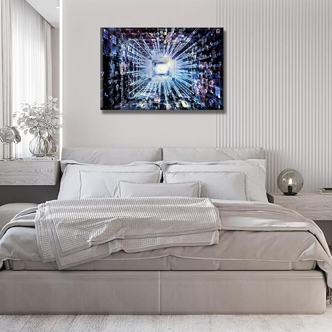 Futuristic CPU Canvas Wall Art CPU Concept Virtual Reality for Living Room Digital Cyber Space Wall Art for Living Room Picture for Bedroom Office Decor Artwork Framed Easy to Hang 16X24 INCH