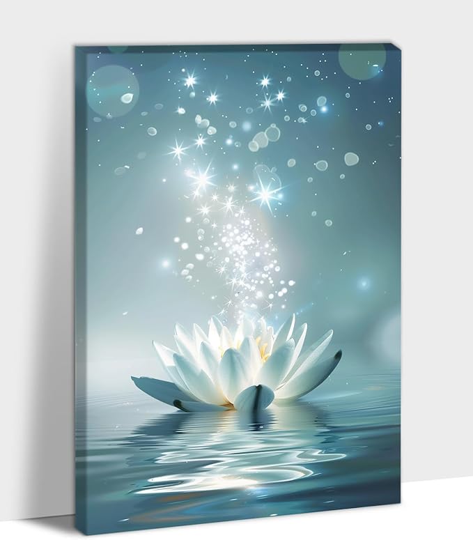 Zen White Lotus Flower Canvas Wall Art, Lotus Flower Pictures Bathroom Zen Print, Spiritual Water Lily Canvas Prints, Lotus Bloom on Water Poster, Zen Calm Relax Artwork for Yoga Spa Room 24x36 inch