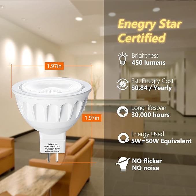 Wixann MR16 LED Bulbs Dimmable, 5W 3000K Soft Warm White, 450LM,12-Volt Gu5.3 Bi-Pin Base, 40 Degree Spot Lighting for Indoor. (10 Pack)