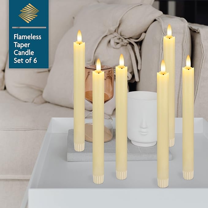 Real Wax Flameless Taper Candles with Remote Timer,Battery Operated LED Candles Set with 3D Flickering Flame,9.6" Ivory Realistic Dripless Candlesticks for Wedding Home Decor,6 Pack