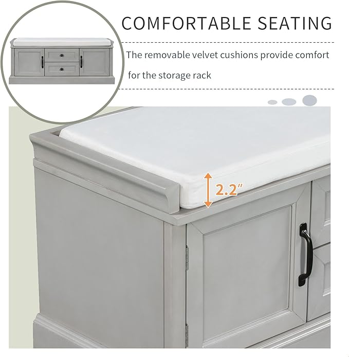 GDFStudio Rustic Storage Bench with 4 Doors 2 Draws Adjustable Shelves Removable Cushion Rectangular Cabinet Foot Rest Stool Solid Wood Shoe Bench Seating for Entryway Living Room, Gray Wash