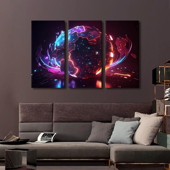 Digital World Pictures Cyber Space 3D Posters and Prints 3 Panel Framed Wall Art Neon Colorful Global World in Cyber Space Artwork for Home Wall Decoration Ready to Hang, 36" Wx24 H