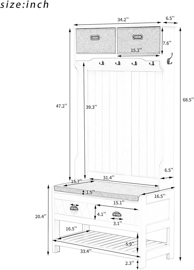 Hall Tree with Shoes Bench, Entryway Coat Rack with Storage Shelves and Drawers, 33.5''W Coat Hanger for Entrance, Hallway (Black)