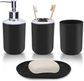 Matte Black Bathroom Accessories Set, 4-Piece Plastic Black Bathroom Organizer with Soap Dispenser, Toothbrush Holder, Rinse Cup & Soap Dish, Classic Black Bathroom Decor