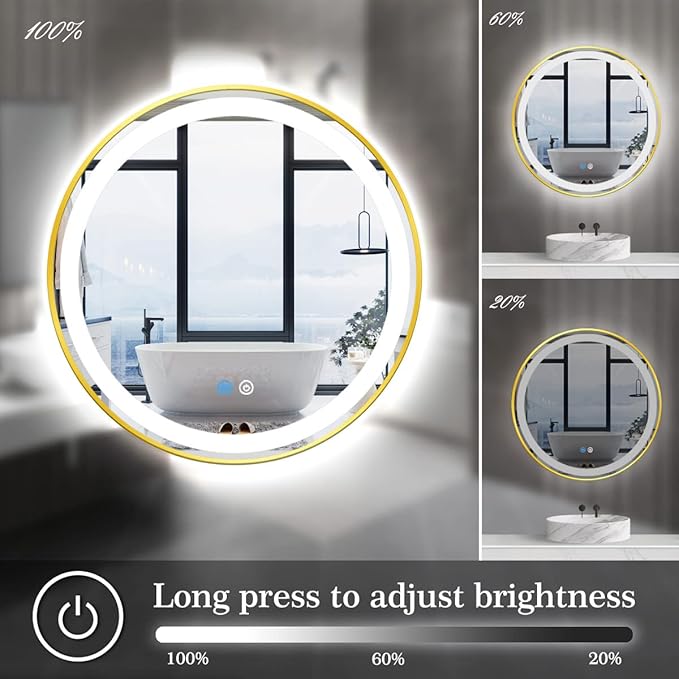 24 Inch Gold Frame LED Round Mirror with Lights Smart Memory 3 Color Dimmable Anti-Fog Gold Framed Round Lighted Mirrors for Bathroom Wall Makeup Golden Circle Round Vanity Mirror with Light