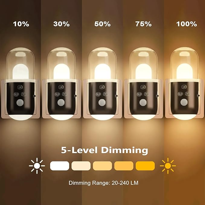 Night Light Plug into Wall with Motion Sensor & Dusk to Dawn Sensor, 3 Color Temperatures,RGB 8 Modes, 5-Level Dimming (20-240 LM) LED Night Light for Bedroom, Hallway, Stairs (White 2pcs)
