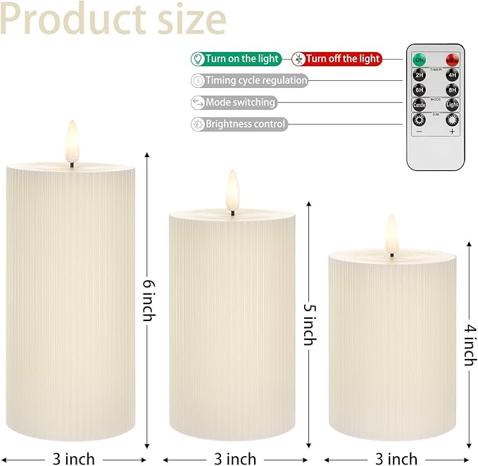 ANGELLOONG Ribbed Pillar Candles for Home Decor, Real Wax Flameless Candles with Remote, Set of 3 Battery Operated Candle, LED Electric Timer Candle for Bathroom Party Living Room Decor