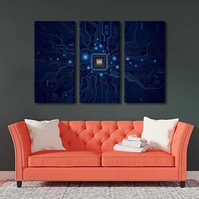 Wall Art Paintings Digital Age Canvas Prints Technology Digital Art 3 Pieces Posters Stretched Pictures for Living Room Modern Home Decor Framed Canvas Wall Art Decorations Ready to Hang(28" Wx42 H)
