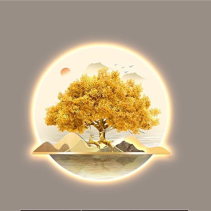 Bubinblau D,60 * 72cm, Mountain Tree Wall Art with Led Light, Zen Wall Art Decor, Luminous Wall Sculptures Painting, for Study Room, Dining Room, Living Room, Tea Room