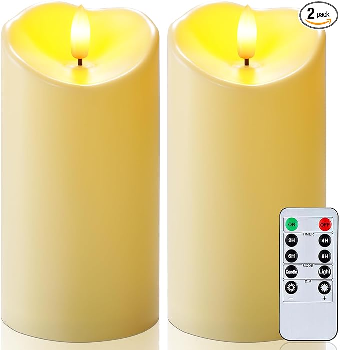 Raycare 6"x3" Outdoor Waterproof Flameless Candles with Remote and Timer, Battery Operated LED Electric Fake Pillar Candle for Christmas Home Wedding Decor, Dark Ivory, Set of 2