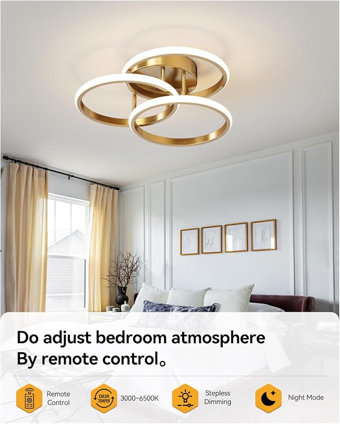 Dimmable LED Semi Flush Mount Ceiling Light Fixture with Remote Control 3-Color Dimming Circle Modern Chandelier, Close to Ceiling Bedroom Kitchen Hallways Balcony Corridor Lamp (15in- 3 Ring Gold)