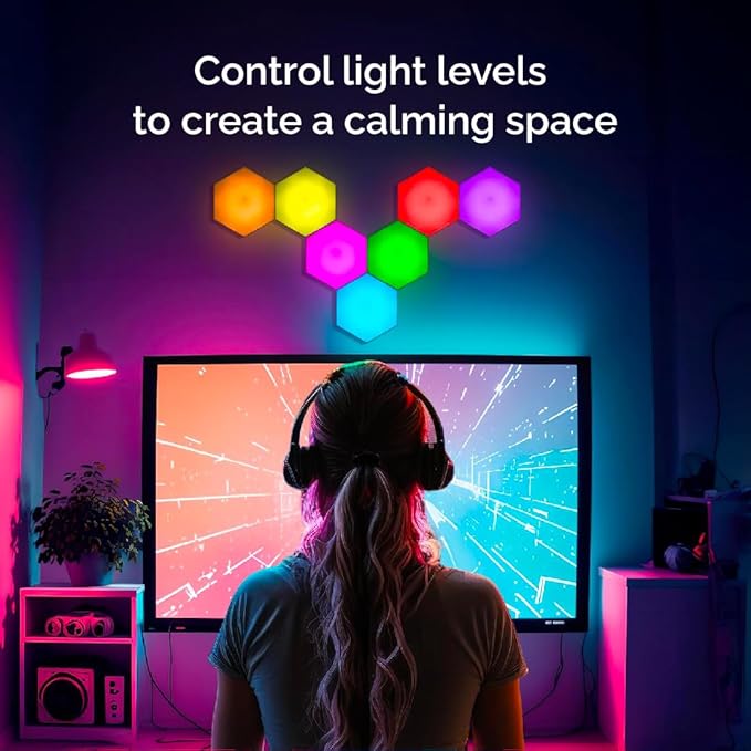 Emberela HEXlights 7-Pack Hexagon Lights, Touch and Remote Controlled RGB Wall Panels - LED Light Panels for Living Room, Bedroom, Game Room Decor - Tabletop Stand Included