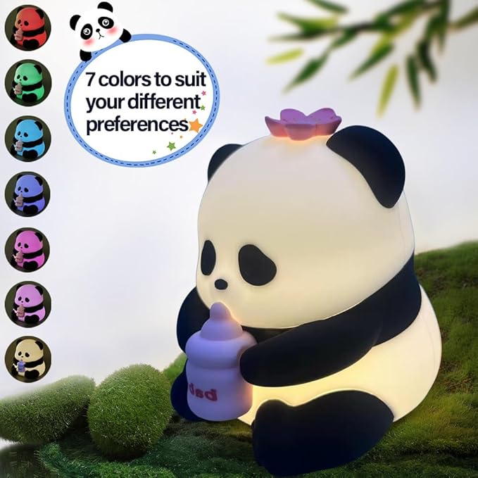 Led Cute Panda Night Light with 7 Colors, Dimmable Timer Nursery Lamps, Rechargeable Touch Control Night Lamp for Kids Adults, Used for Camping Party Room Decor(Flower Panda)