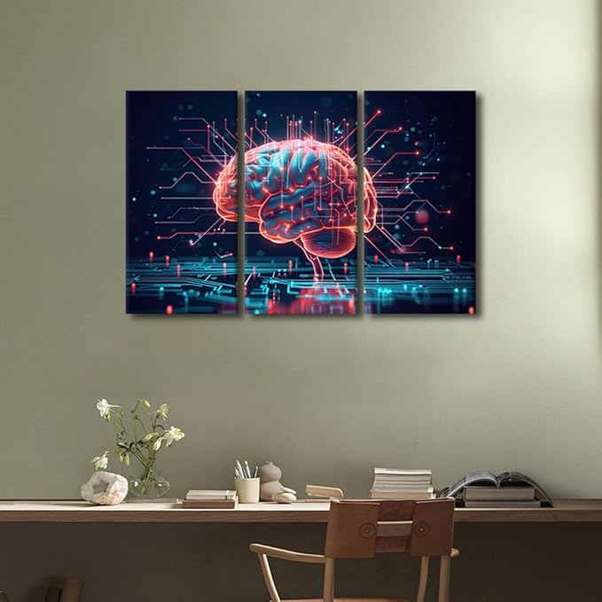 Framed Wall Art Artificial Intelligence Brain Cloud Networking Pictures Print for Living Room Decoration 3 Panel Modern Wall Art AI Concepts Artwork Ready to Hang, 36" Wx24 H
