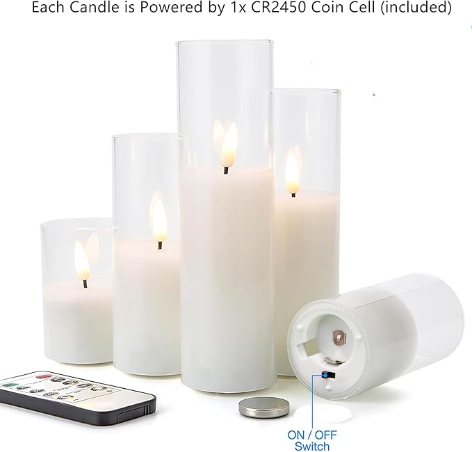 Eywamage Clear Glass Flameless Candles with Remote Batteries, Slim Tall LED Pillar Candles Battery Powered, Set of 5