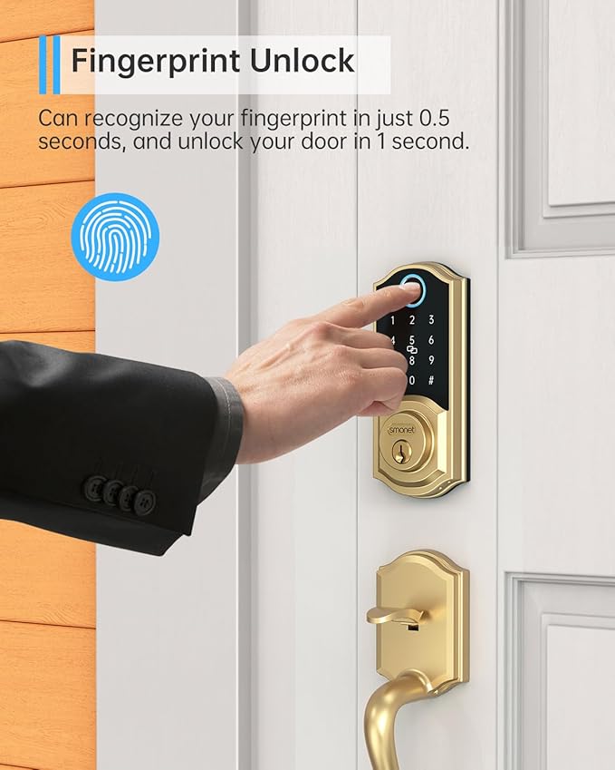 SMONET Smart Lock Keyless Entry Door Lock,Brass Fingerprint Smart Deadbolt with App Remote Control,Electric Bluetooth Digital Door Locks for Front Door,Easy to Install,Gold