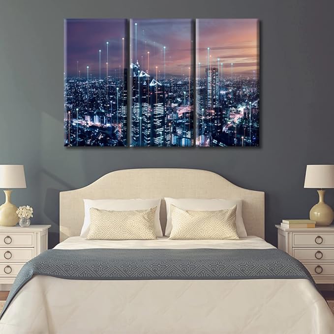 TUMOVO Modern City with Wireless Network Connection Wall Art Canvas Print 3 Pieces CPU Concept Artwork Wall Decor for Bedroom Technology Science Paintings Wall Art Framed Ready to Hang (60" Wx40 H)