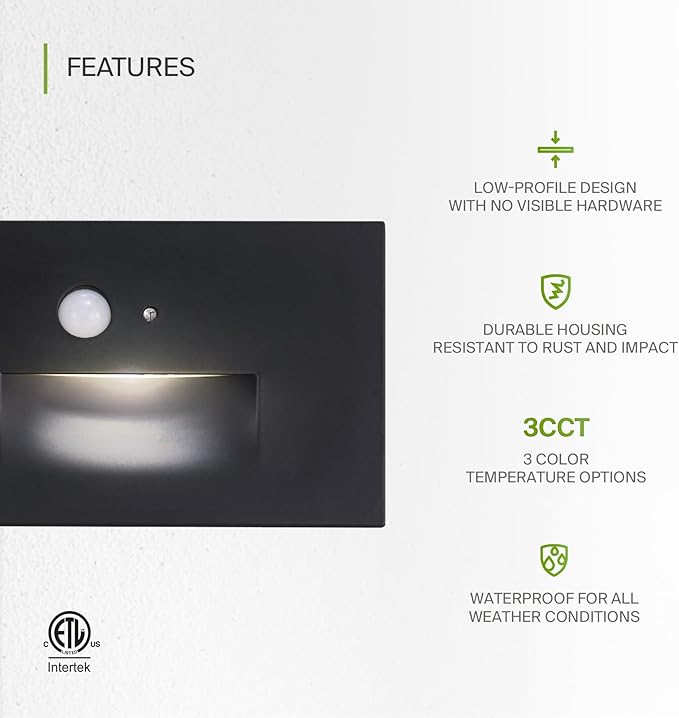 ASD LED Recessed Step Light Fixture, Dusk to Dawn Outdoor Tread Lighting | 3CCT, Motion Sensor, Photocell, Waterproof, ETL Listed | 3W 120LM 3000K-5000K 120V | Staircase Illumination | Black, 12 Pack