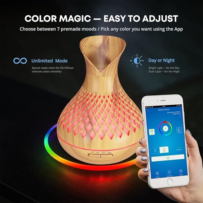 Smart WiFi Essential Oil Diffuser, 500ml Aromatherapy Diffuser Humidifier for Large Room, Works with App & Alexa Google Home Voice Control, 7 LED, Create Schedules and 4 Timer, Auto Off, Light Wood