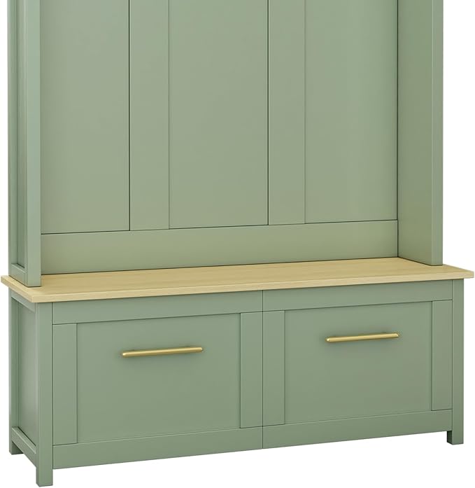 Merax Versatile 4-in-1 Hall Tree with 6 Golden Hooks, Wood Grain Bench with Multiple Storage Space, Entryway Coat Rack with 2 Drawers for Living Room, Hallway, Mint Green