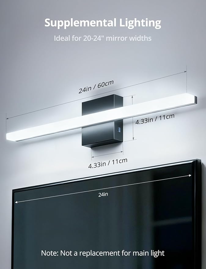Combuh 24Inch Long Vanity Light for Bathroom 5 Color Adjustable Modern, Bright 14W 1250LM Black Bath Bar Lighting Fixtures Over Mirror IP44 Rustproof Minimalist Led Wall Sconce for Powder Room