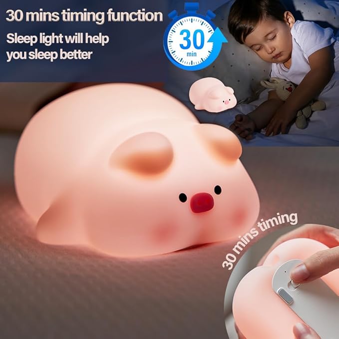 Cute Pig Night Light, 3 Level Dimmable Nursery Nightlight, Kawaii Lamps Squishy Silicone Rechargeable Touch Lamp, Best Gift for Kids Adults Room Decor