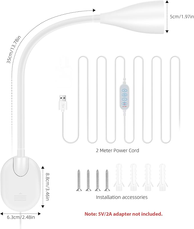 Wall-Mounted LED Bedside Reading Light with USB Charging Port, 10-Level Dimmable & Adjustable 5 Color, Plug-in Adhesive Night Lamp for Books in Bed, Eye-Caring Bedroom Lighting (White)